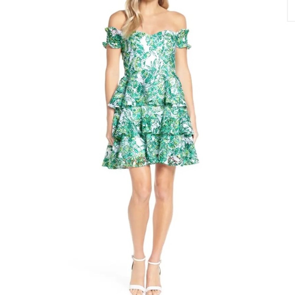 Lilly Pulitzer Cicely Off The Shoulder Dress Size 6 In Resort White Flamingle